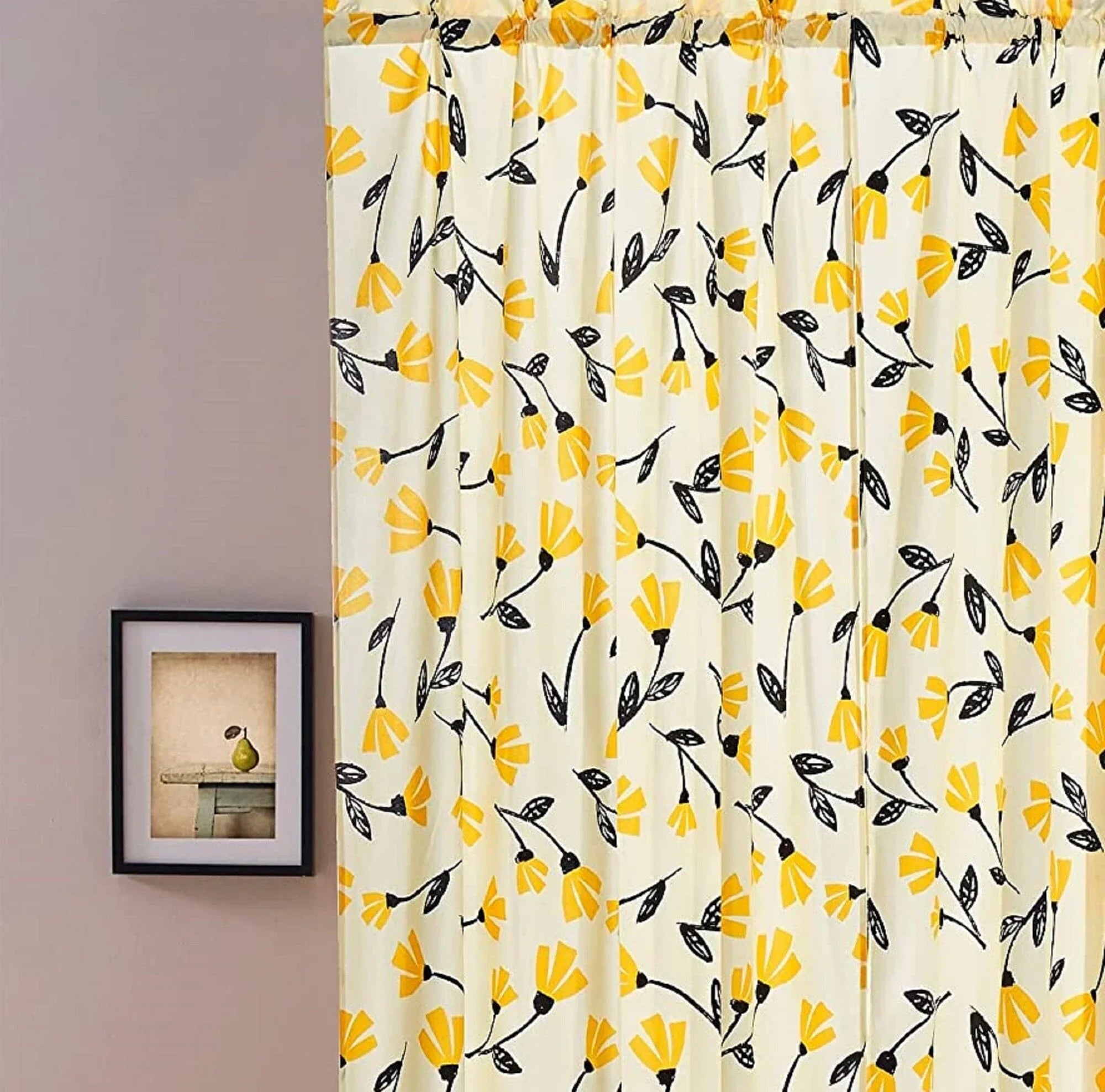 DaDa Bedding Set of 2 Botanical Floral Window Curtain Panels - Natural Semi Sheer Yellow Fleur Golden Orange Spring Time Tulips Straight Tailored Edge DaDalogy Bedding Collection