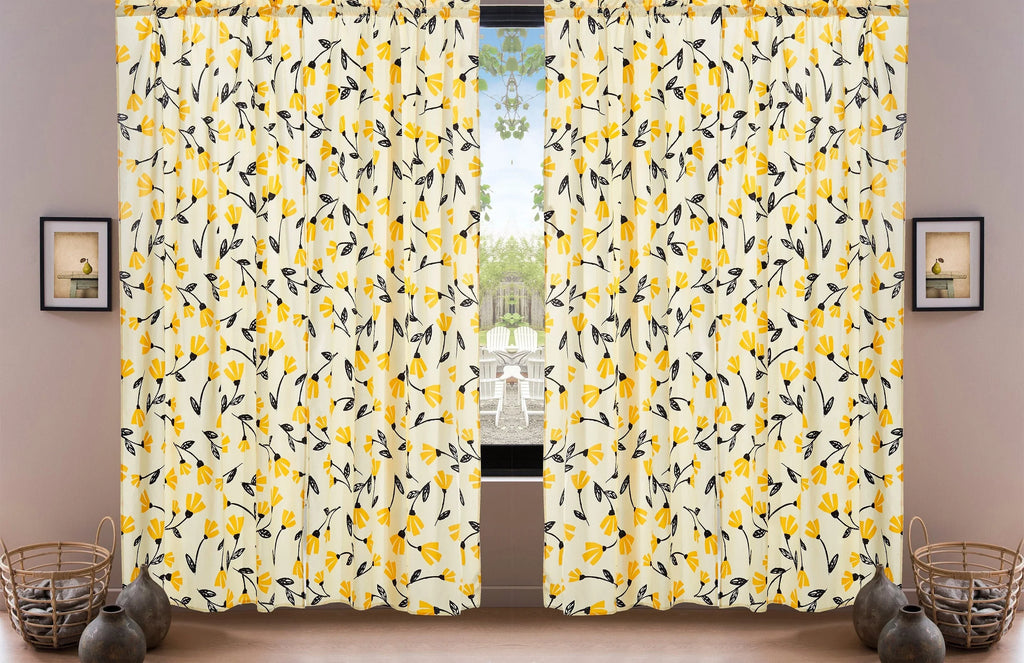 DaDa Bedding Set of 2 Botanical Floral Window Curtain Panels - Natural Semi Sheer Yellow Fleur Golden Orange Spring Time Tulips Straight Tailored Edge DaDalogy Bedding Collection