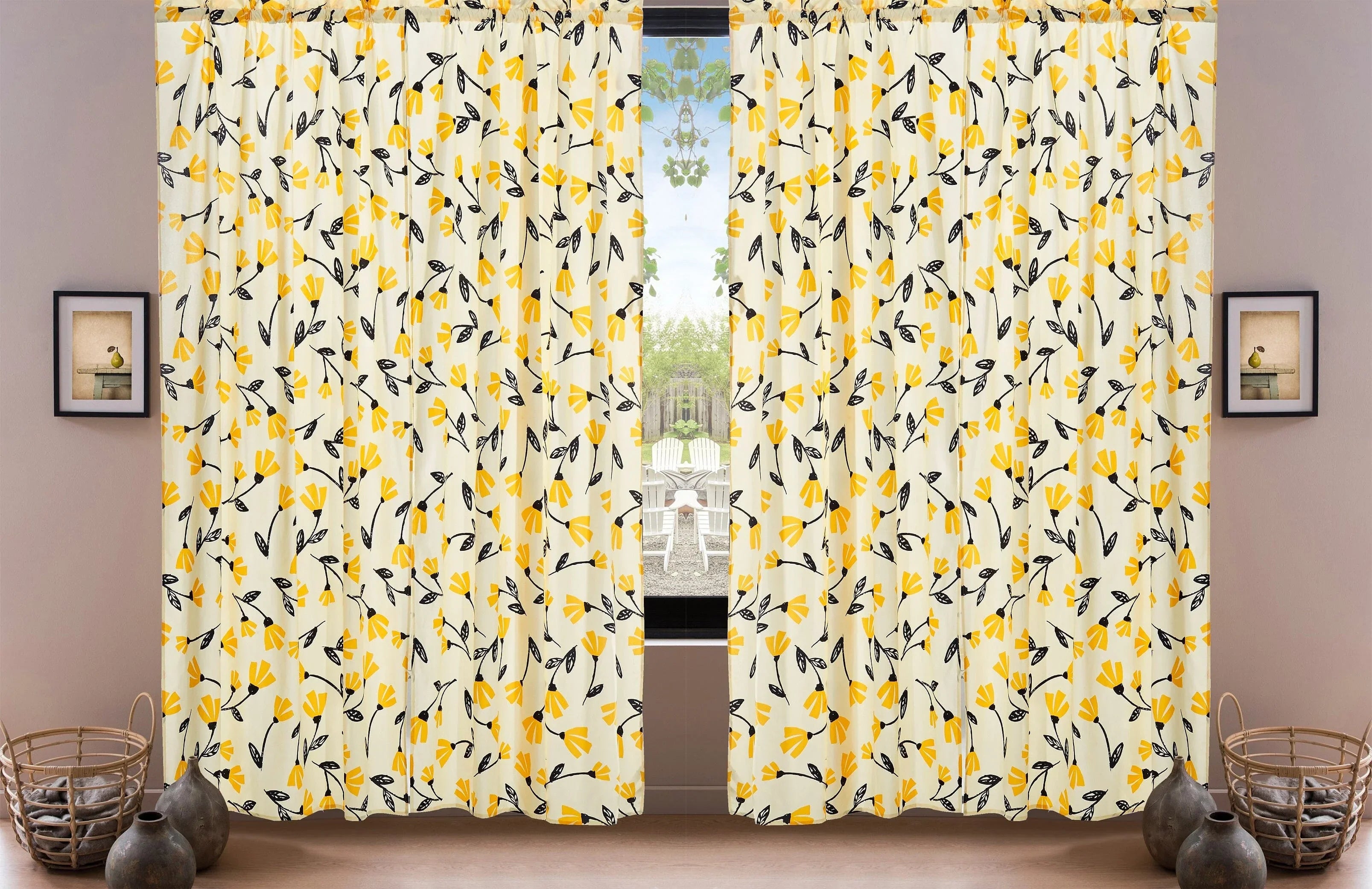 DaDa Bedding Set of 2 Botanical Floral Window Curtain Panels - Natural Semi Sheer Yellow Fleur Golden Orange Spring Time Tulips Straight Tailored Edge DaDalogy Bedding Collection