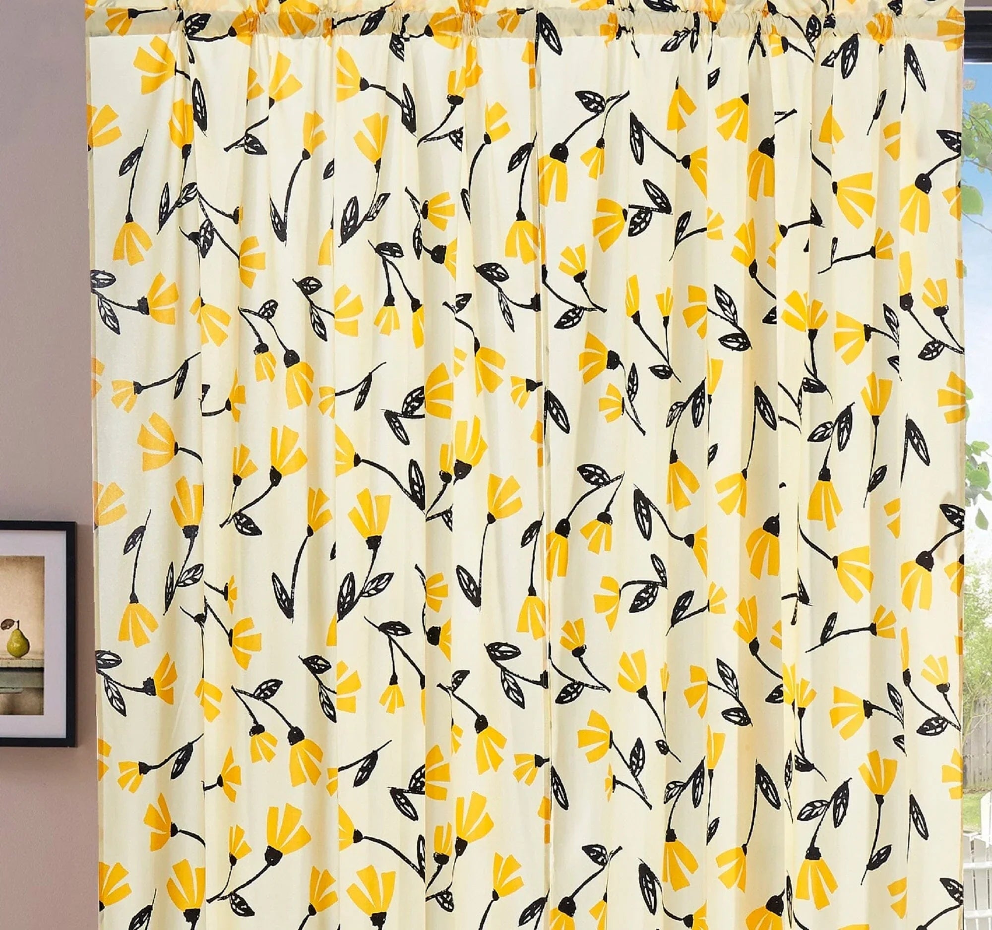 DaDa Bedding Set of 2 Botanical Floral Window Curtain Panels - Natural Semi Sheer Yellow Fleur Golden Orange Spring Time Tulips Straight Tailored Edge DaDalogy Bedding Collection