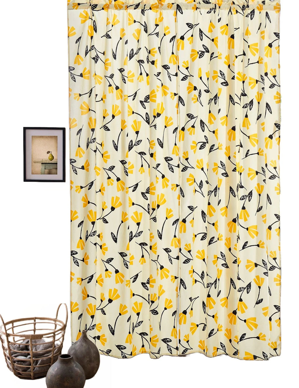 DaDa Bedding Set of 2 Botanical Floral Window Curtain Panels - Natural Semi Sheer Yellow Fleur Golden Orange Spring Time Tulips Straight Tailored Edge DaDalogy Bedding Collection