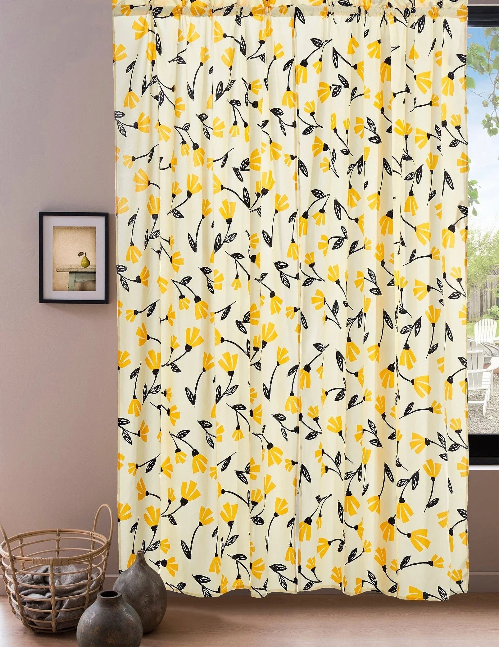 DaDa Bedding Set of 2 Botanical Floral Window Curtain Panels - Natural Semi Sheer Yellow Fleur Golden Orange Spring Time Tulips Straight Tailored Edge DaDalogy Bedding Collection