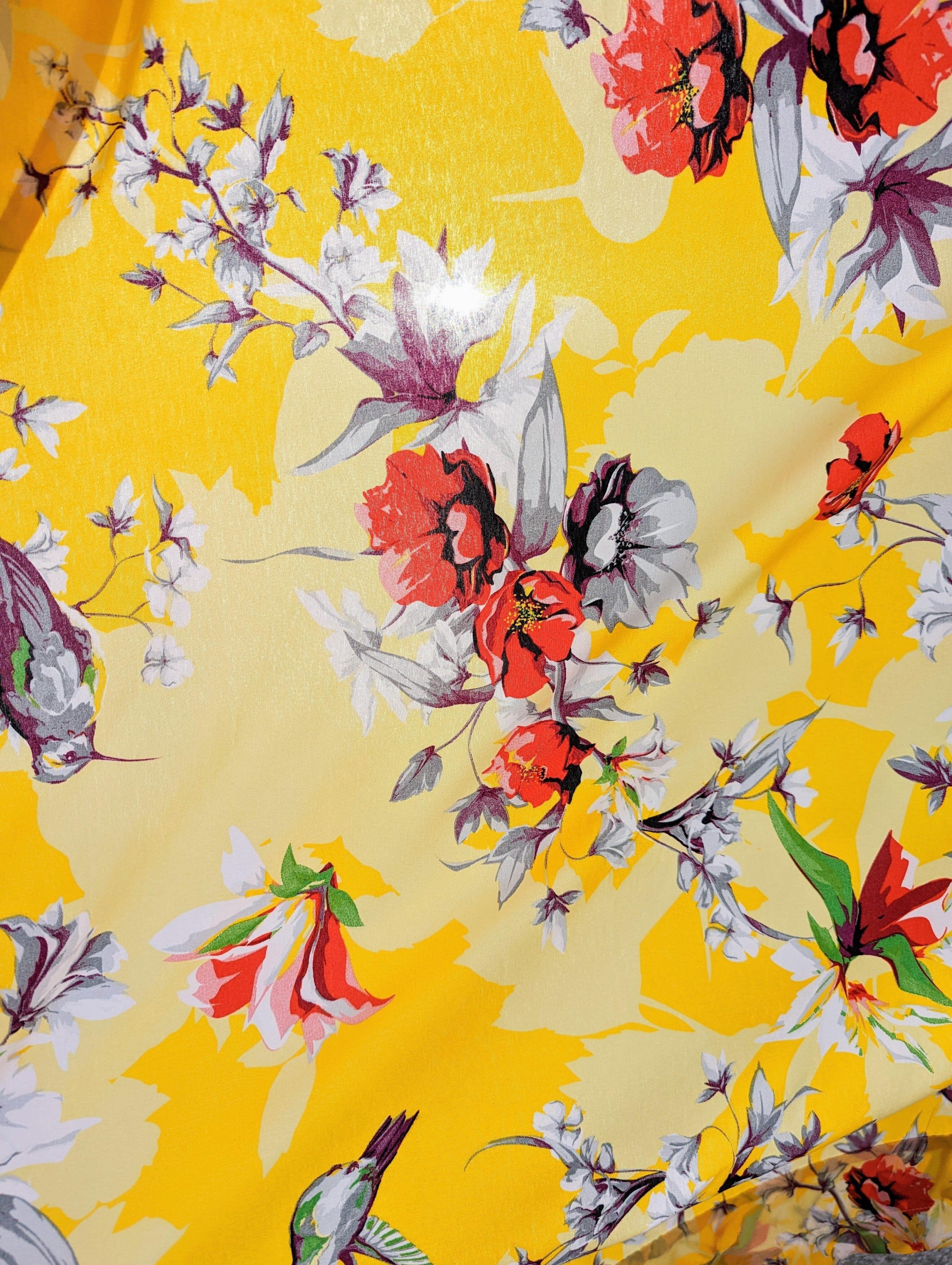 DaDa Bedding Set of 2 Radiant Sunshine Yellow Floral Window Curtain Panels - Natural Semi Sheer Hummingbirds Farmhouse Red Flowers Straight Tailored Edge DaDalogy Bedding Collection