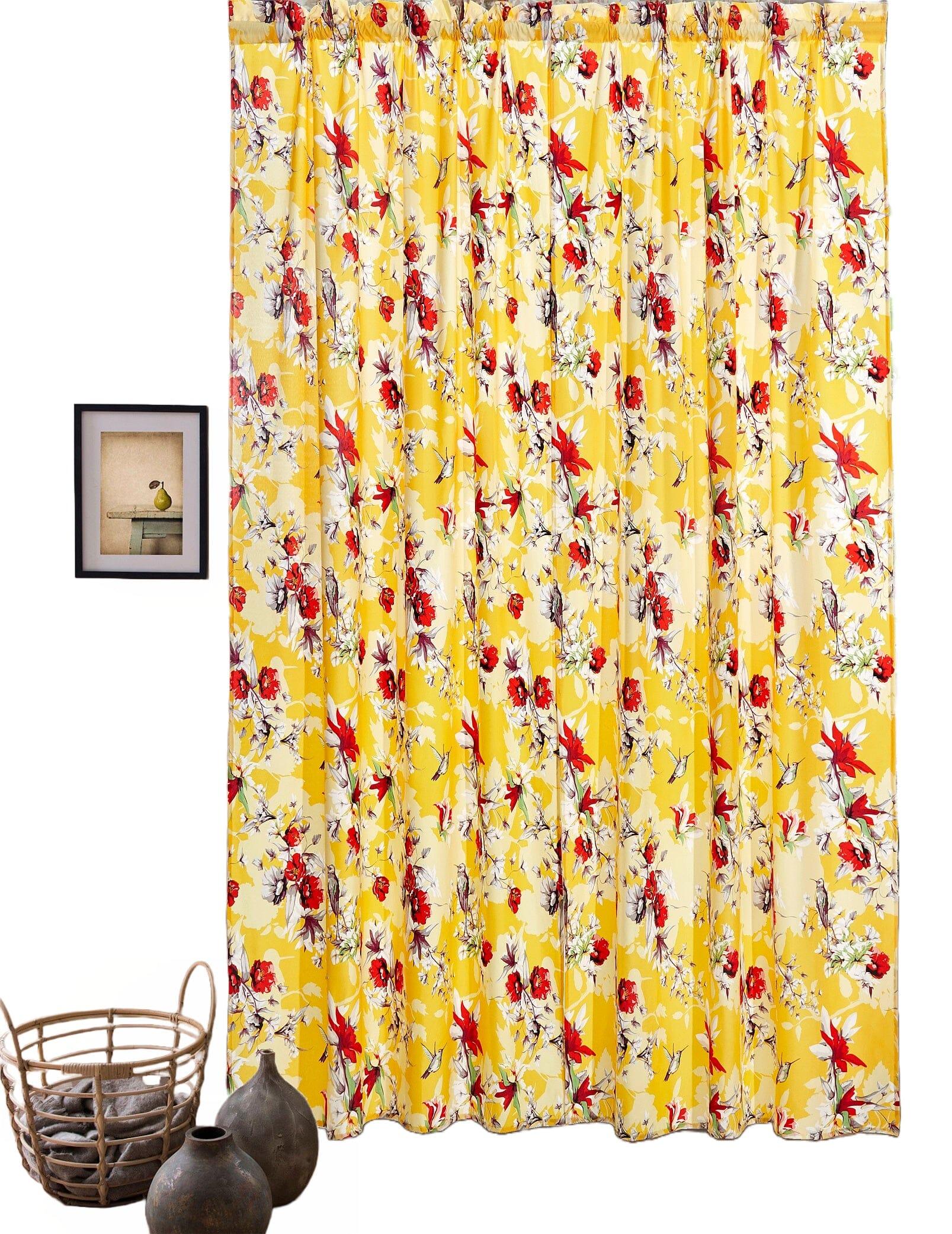DaDa Bedding Set of 2 Radiant Sunshine Yellow Floral Window Curtain Panels - Natural Semi Sheer Hummingbirds Farmhouse Red Flowers Straight Tailored Edge DaDalogy Bedding Collection