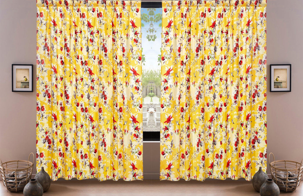 DaDa Bedding Set of 2 Radiant Sunshine Yellow Floral Window Curtain Panels - Natural Semi Sheer Hummingbirds Farmhouse Red Flowers Straight Tailored Edge DaDalogy Bedding Collection