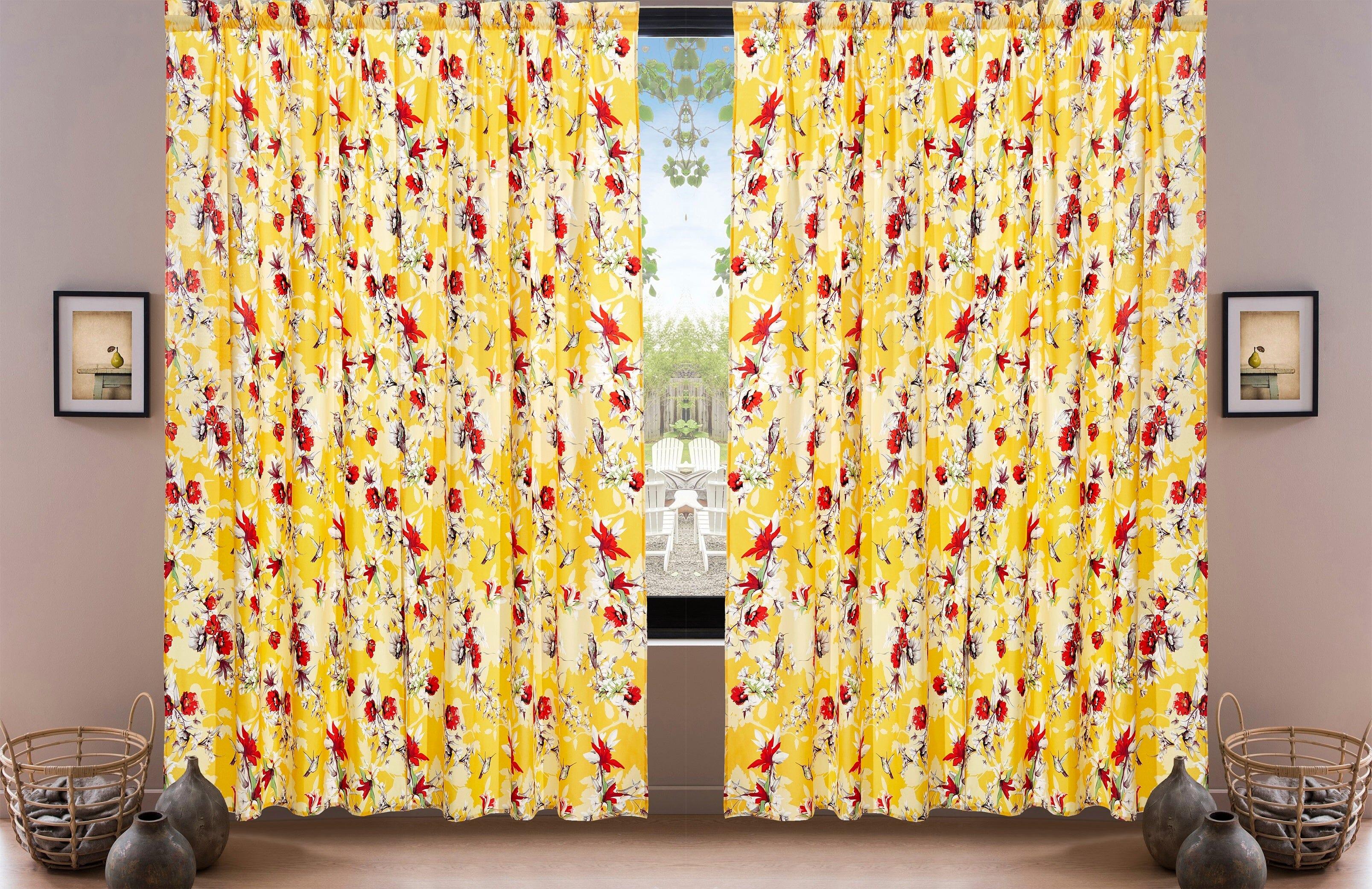 DaDa Bedding Set of 2 Radiant Sunshine Yellow Floral Window Curtain Panels - Natural Semi Sheer Hummingbirds Farmhouse Red Flowers Straight Tailored Edge DaDalogy Bedding Collection