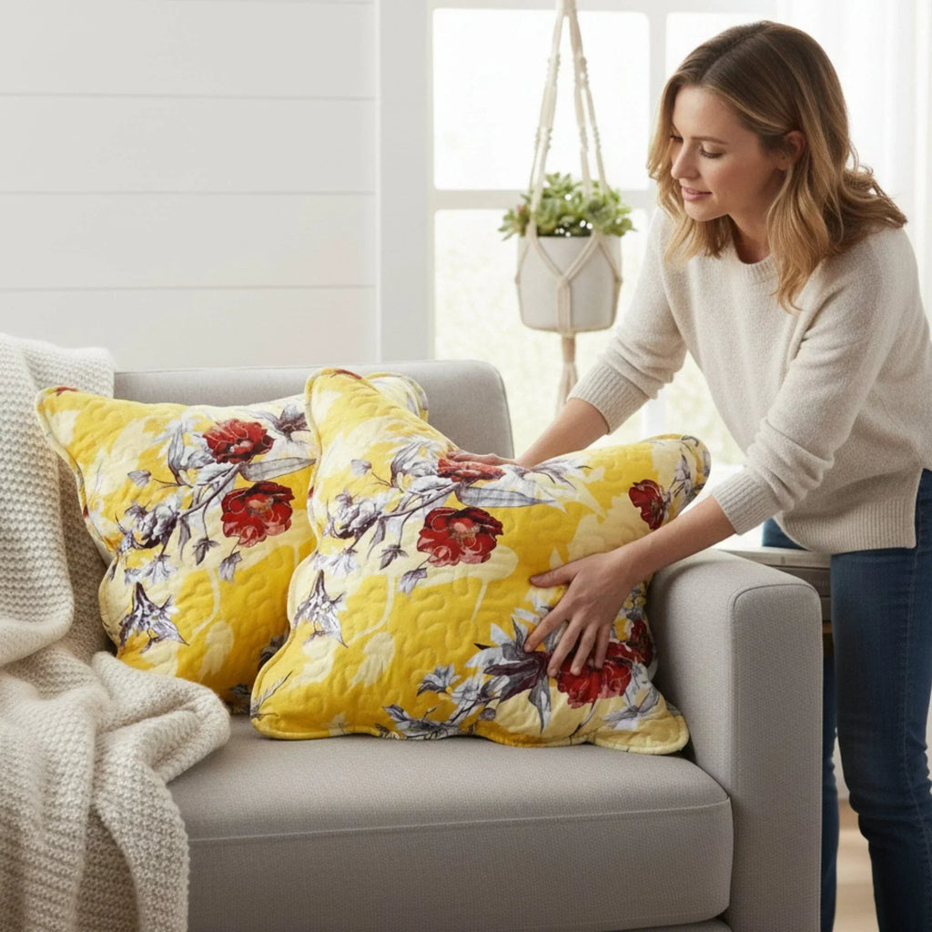DaDa Bedding Set of 2 Sunshine Yellow Hummingbirds Floral Scalloped Throw Pillow Covers, 18" (JHW925) DaDalogy Bedding Collection