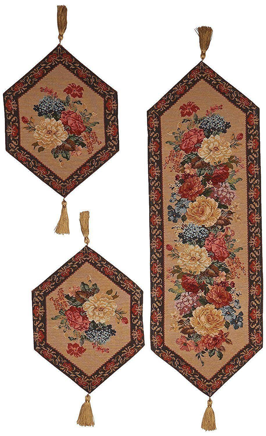 DaDa Bedding Set of 3-Pieces - Breath of Spring Floral Beige Woven Dining Tapestry Table Runners (3089) DaDalogy Bedding Collection