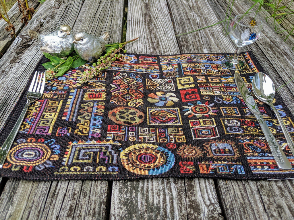 DaDa Bedding Set of 4-Pieces Ethnic Ornaments Geometric Black Tapestry Dining Placemats 13” x 19” (18118)