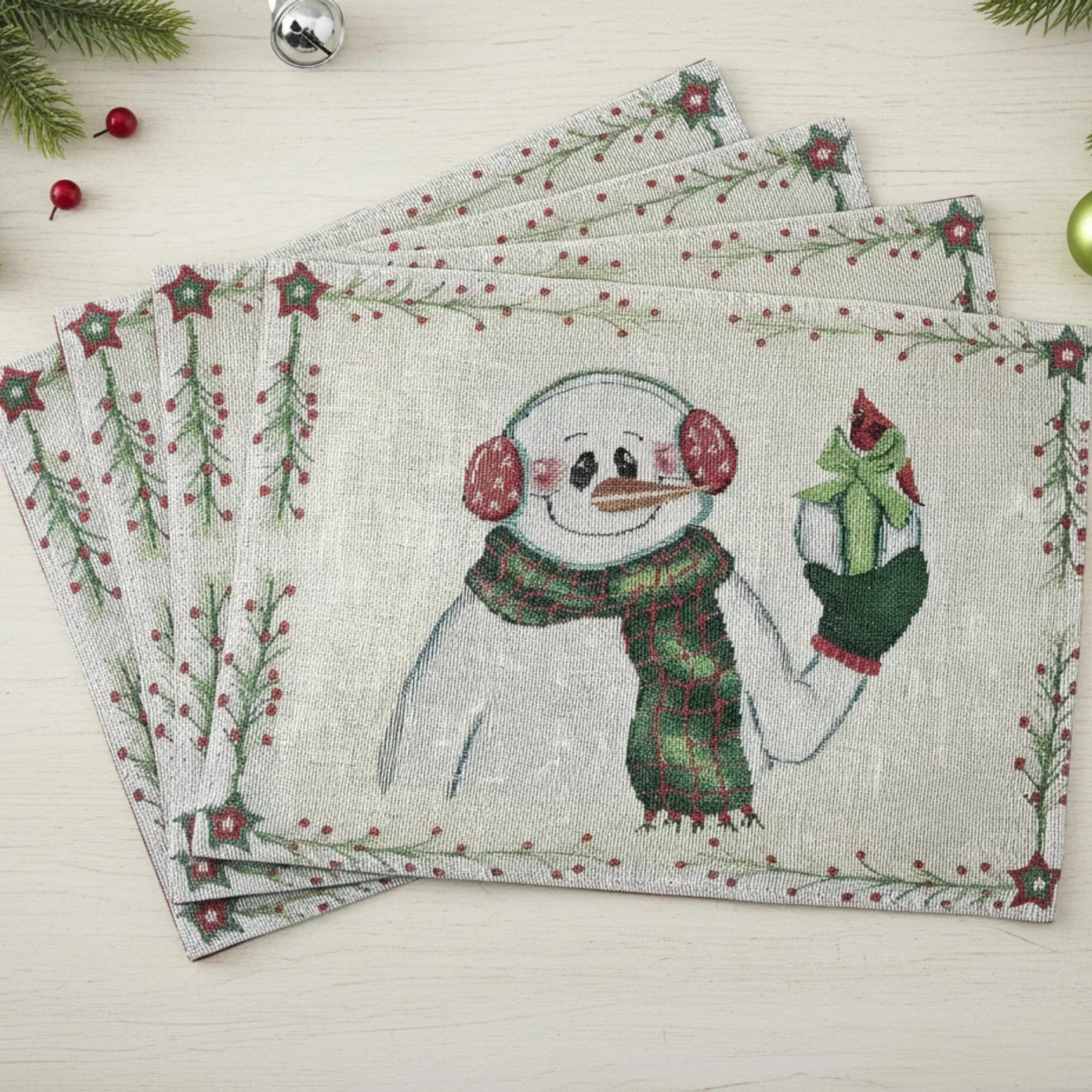 DaDa Bedding Set of 4-Pieces Magical Snowman Holiday Tapestry Placemats 13” x 19” (9733) DaDalogy Bedding Collection