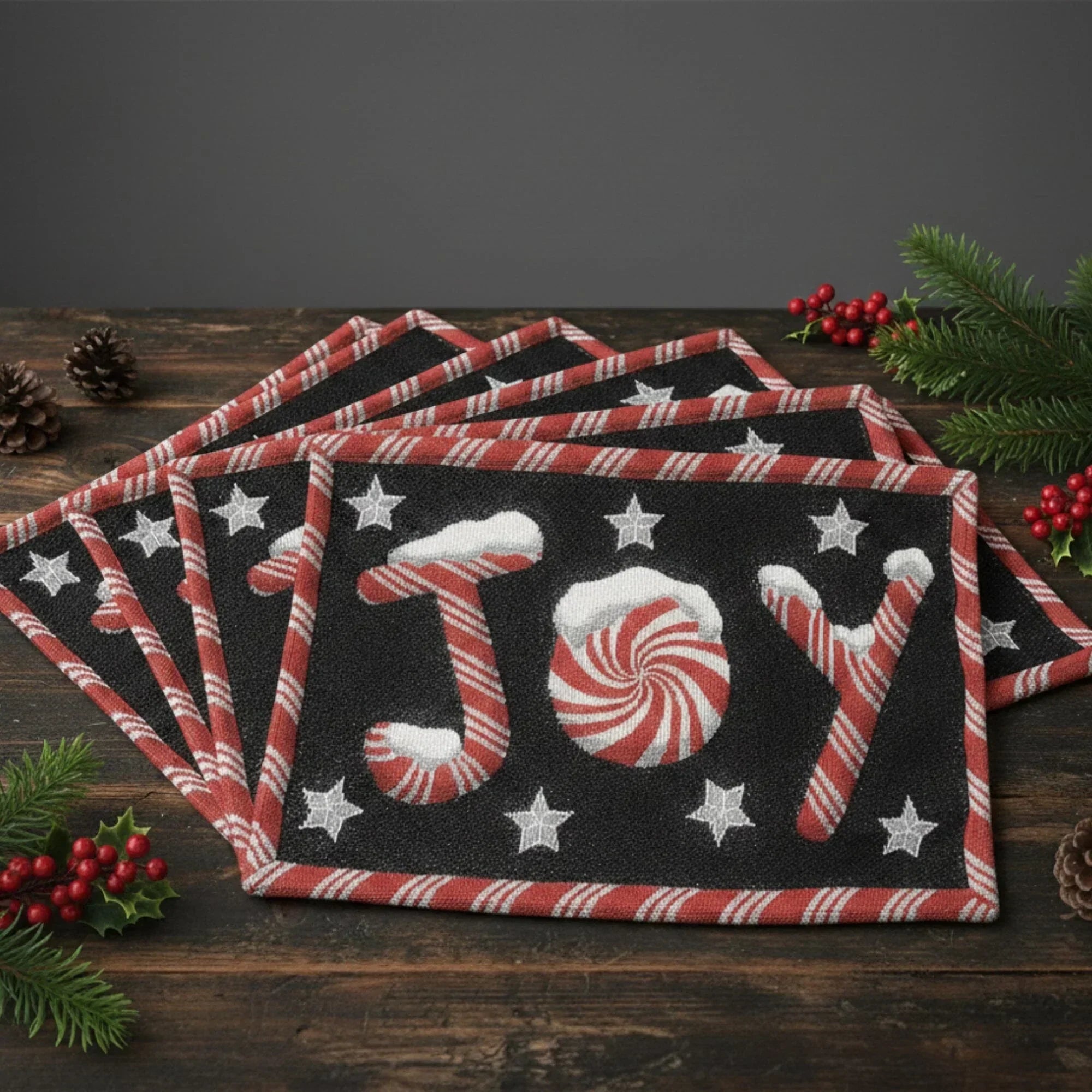 DaDa Bedding Set of 4-Pieces Peppermint Joy Holiday Tapestry Placemats 13” x 19” (12904) DaDalogy Bedding Collection