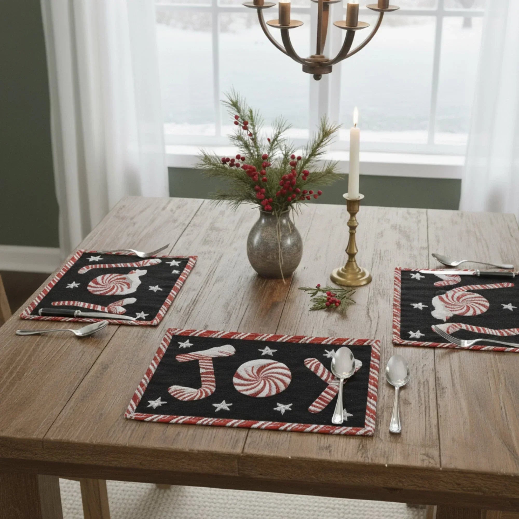 DaDa Bedding Set of 4-Pieces Peppermint Joy Holiday Tapestry Placemats 13” x 19” (12904) DaDalogy Bedding Collection