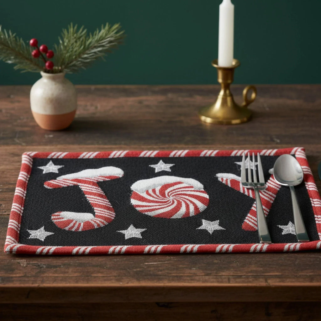 DaDa Bedding Set of 4-Pieces Peppermint Joy Holiday Tapestry Placemats 13” x 19” (12904) DaDalogy Bedding Collection