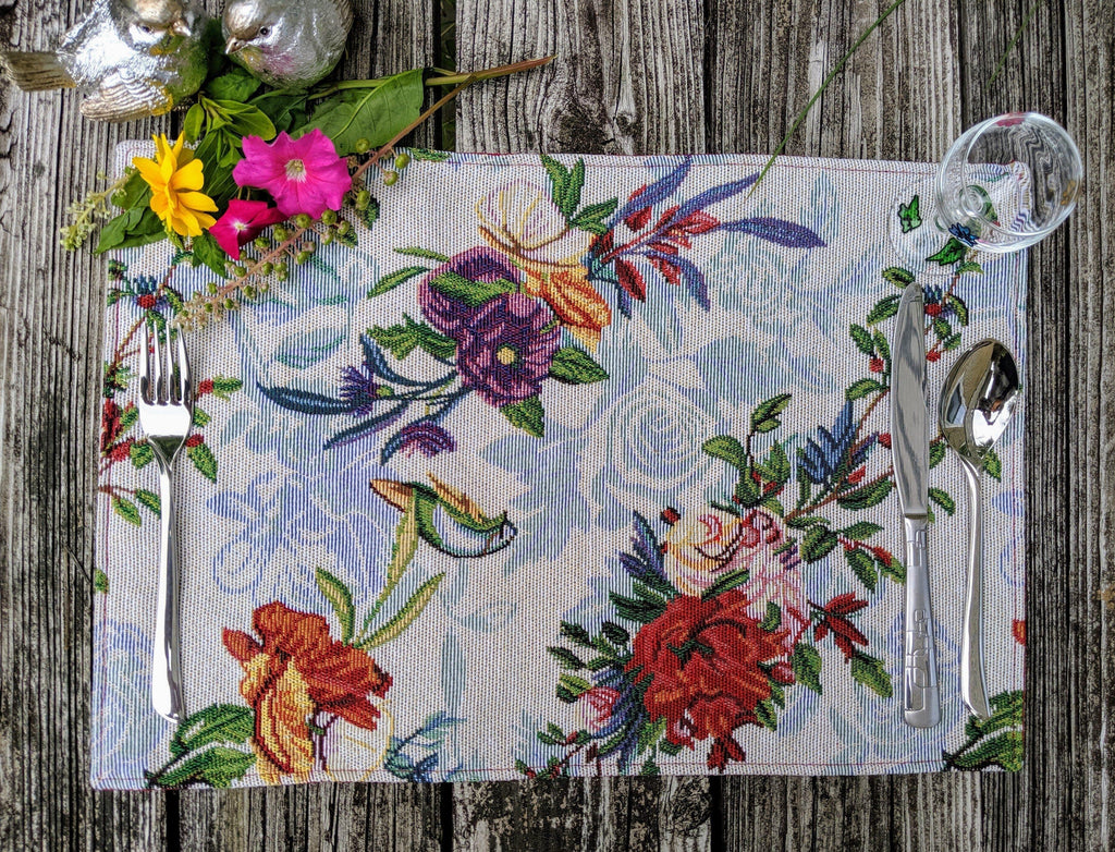 DaDa Bedding Set of 4-Pieces Tropical Sky Blue Birds Floral Tapestry Dining Table Placemats 13” x 19” (18116) DaDalogy Bedding Collection