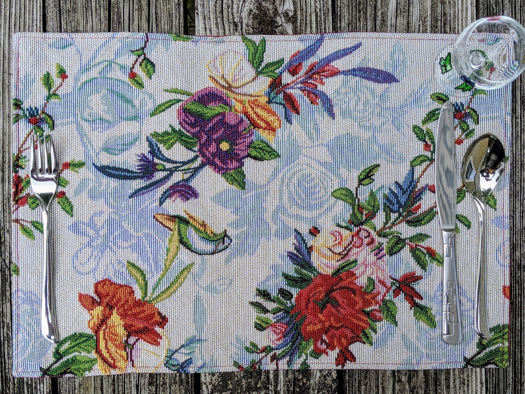 DaDa Bedding Set of 4-Pieces Tropical Sky Blue Birds Floral Tapestry Dining Table Placemats 13” x 19” (18116) DaDalogy Bedding Collection