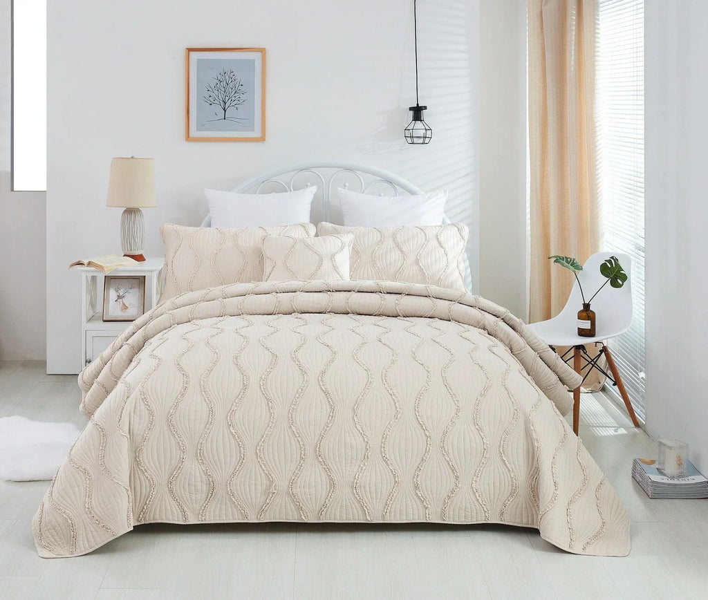 DaDa Bedding Soft Charming French Country Ruffles Quilted Cotton Bedspread Set - Ivory Cream Tan (JHW873) DaDalogy Bedding Collection