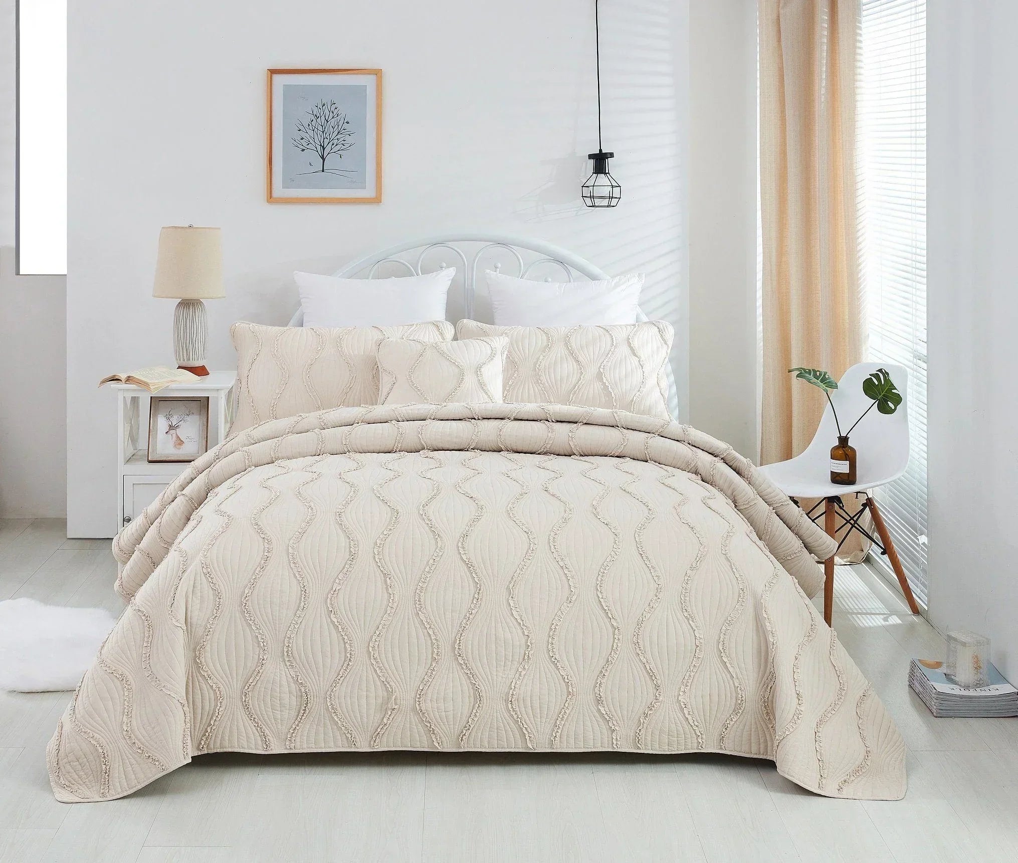 DaDa Bedding Soft Charming French Country Ruffles Quilted Cotton Bedspread Set - Ivory Cream Tan (JHW873) DaDalogy Bedding Collection