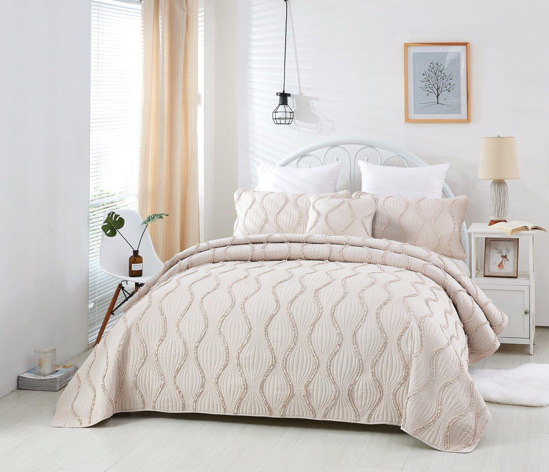 DaDa Bedding Soft Charming French Country Ruffles Quilted Cotton Bedspread Set - Ivory Cream Tan (JHW873) DaDalogy Bedding Collection