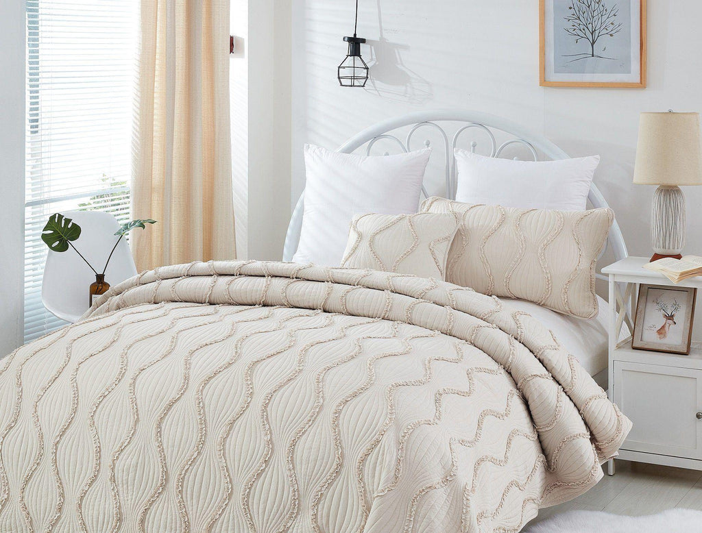 DaDa Bedding Soft Charming French Country Ruffles Quilted Cotton Bedspread Set - Ivory Cream Tan (JHW873) DaDalogy Bedding Collection
