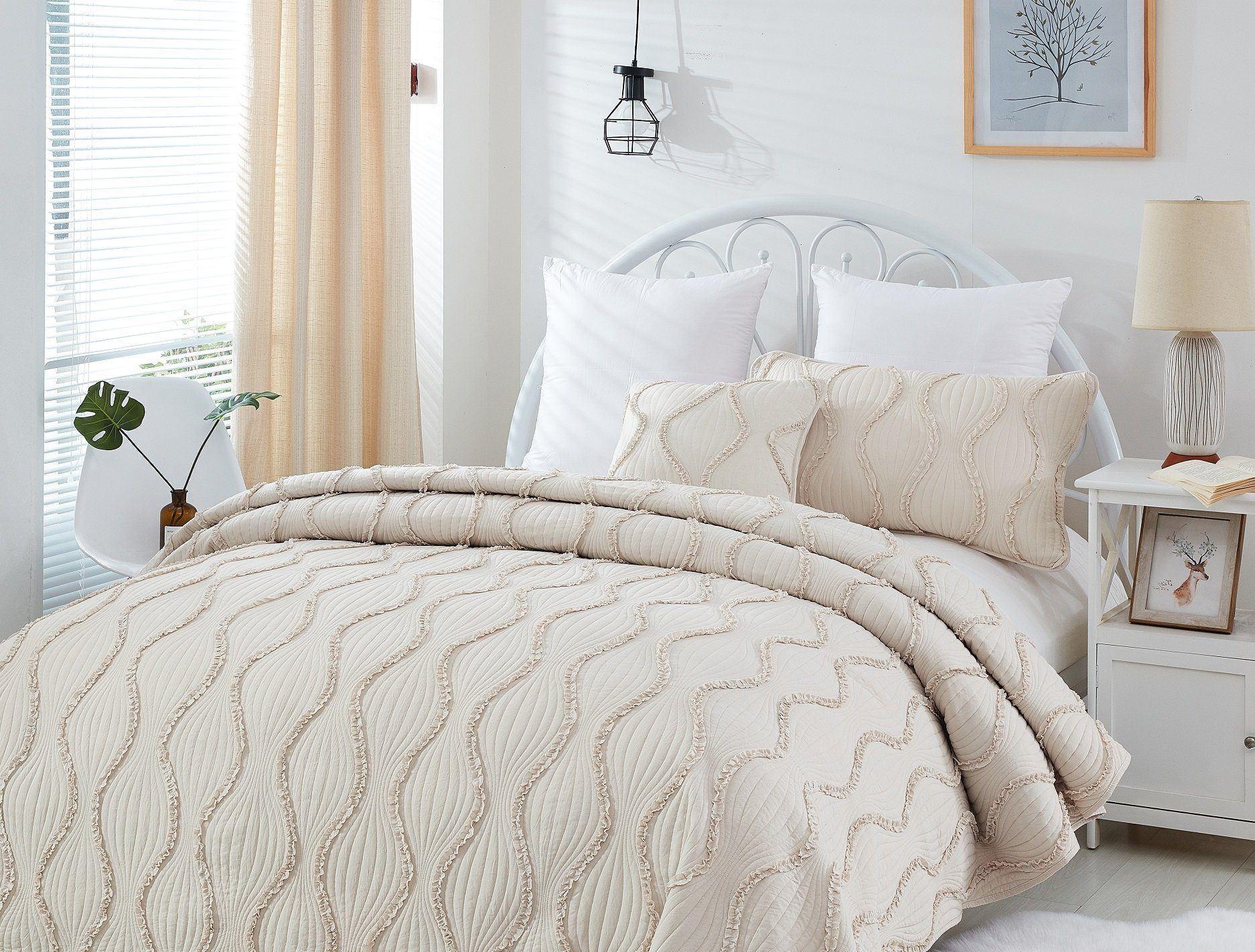 DaDa Bedding Soft Charming French Country Ruffles Quilted Cotton Bedspread Set - Ivory Cream Tan (JHW873) DaDalogy Bedding Collection