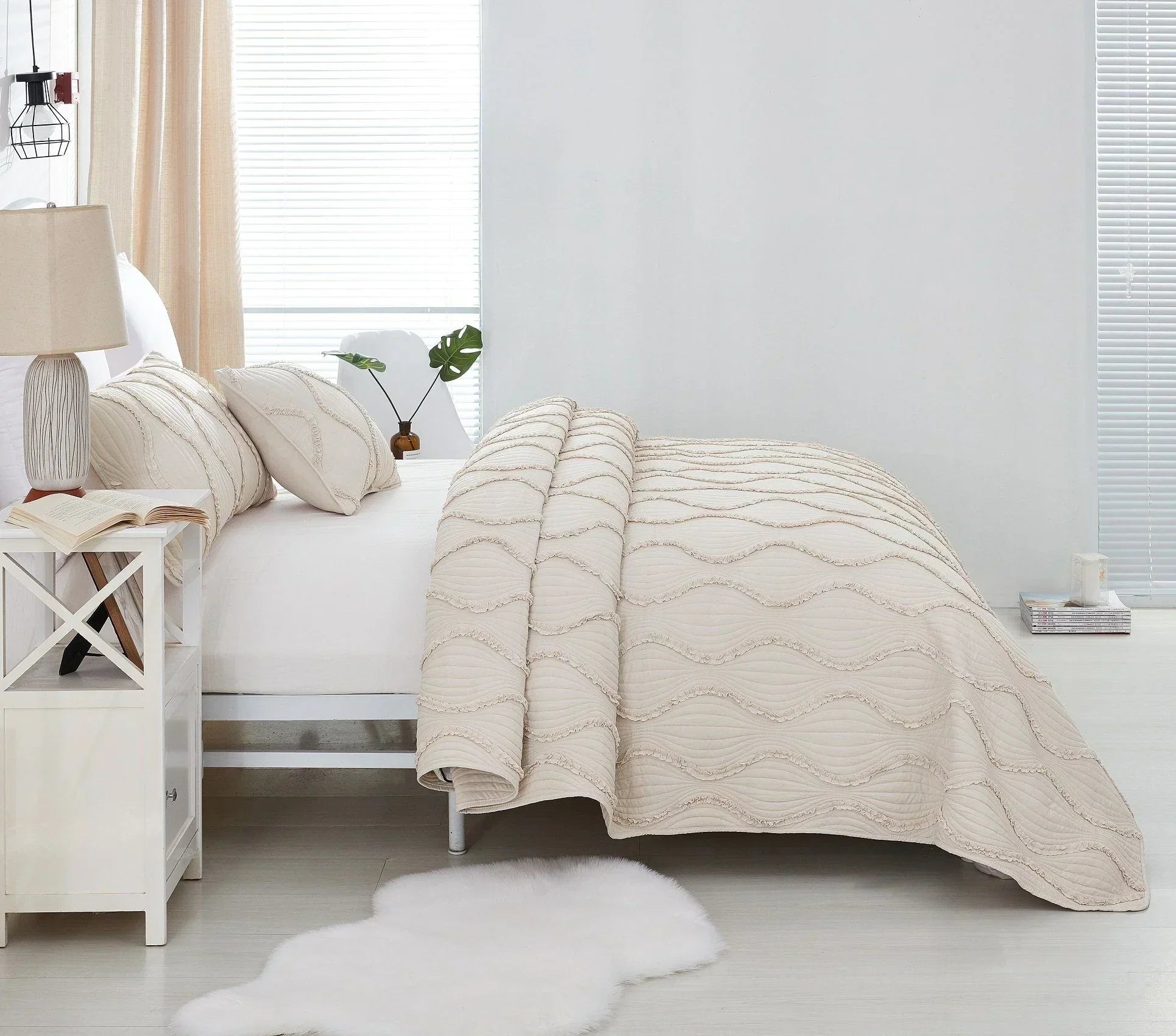 DaDa Bedding Soft Charming French Country Ruffles Quilted Cotton Bedspread Set - Ivory Cream Tan (JHW873) DaDalogy Bedding Collection
