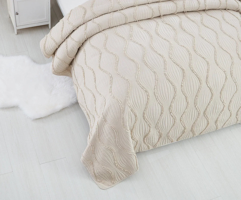 DaDa Bedding Soft Charming French Country Ruffles Quilted Cotton Bedspread Set - Ivory Cream Tan (JHW873) DaDalogy Bedding Collection