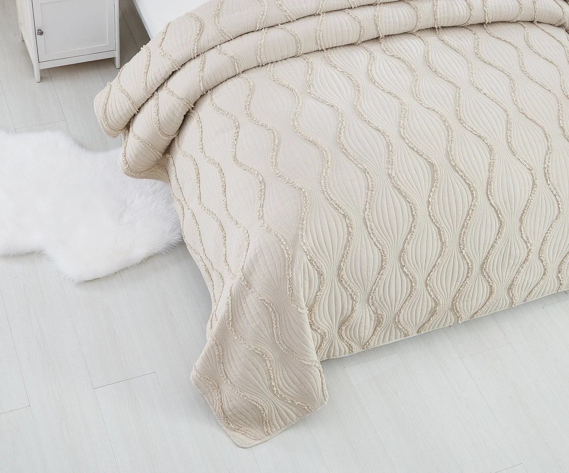 DaDa Bedding Soft Charming French Country Ruffles Quilted Cotton Bedspread Set - Ivory Cream Tan (JHW873) DaDalogy Bedding Collection