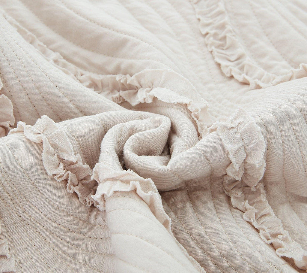DaDa Bedding Soft Charming French Country Ruffles Quilted Cotton Bedspread Set - Ivory Cream Tan (JHW873) DaDalogy Bedding Collection