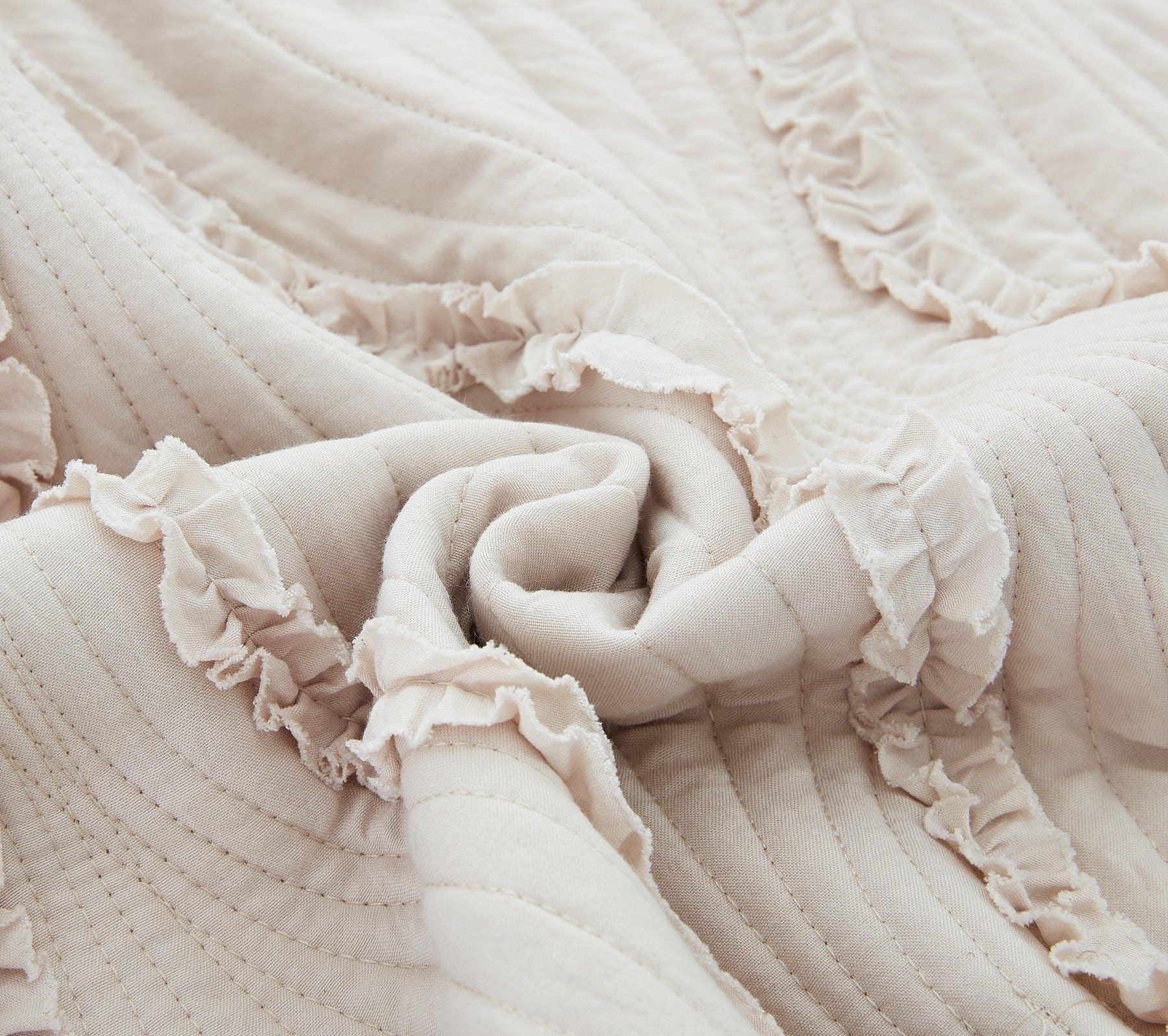 DaDa Bedding Soft Charming French Country Ruffles Quilted Cotton Bedspread Set - Ivory Cream Tan (JHW873) DaDalogy Bedding Collection