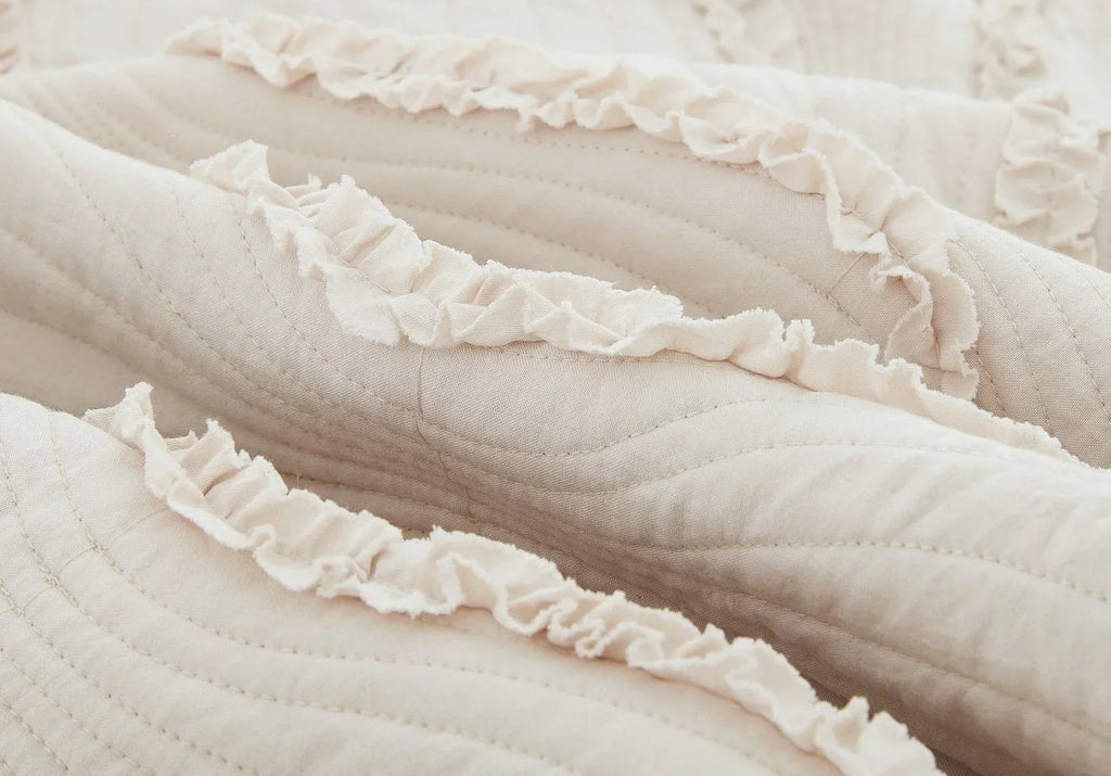 DaDa Bedding Soft Charming French Country Ruffles Quilted Cotton Bedspread Set - Ivory Cream Tan (JHW873) DaDalogy Bedding Collection