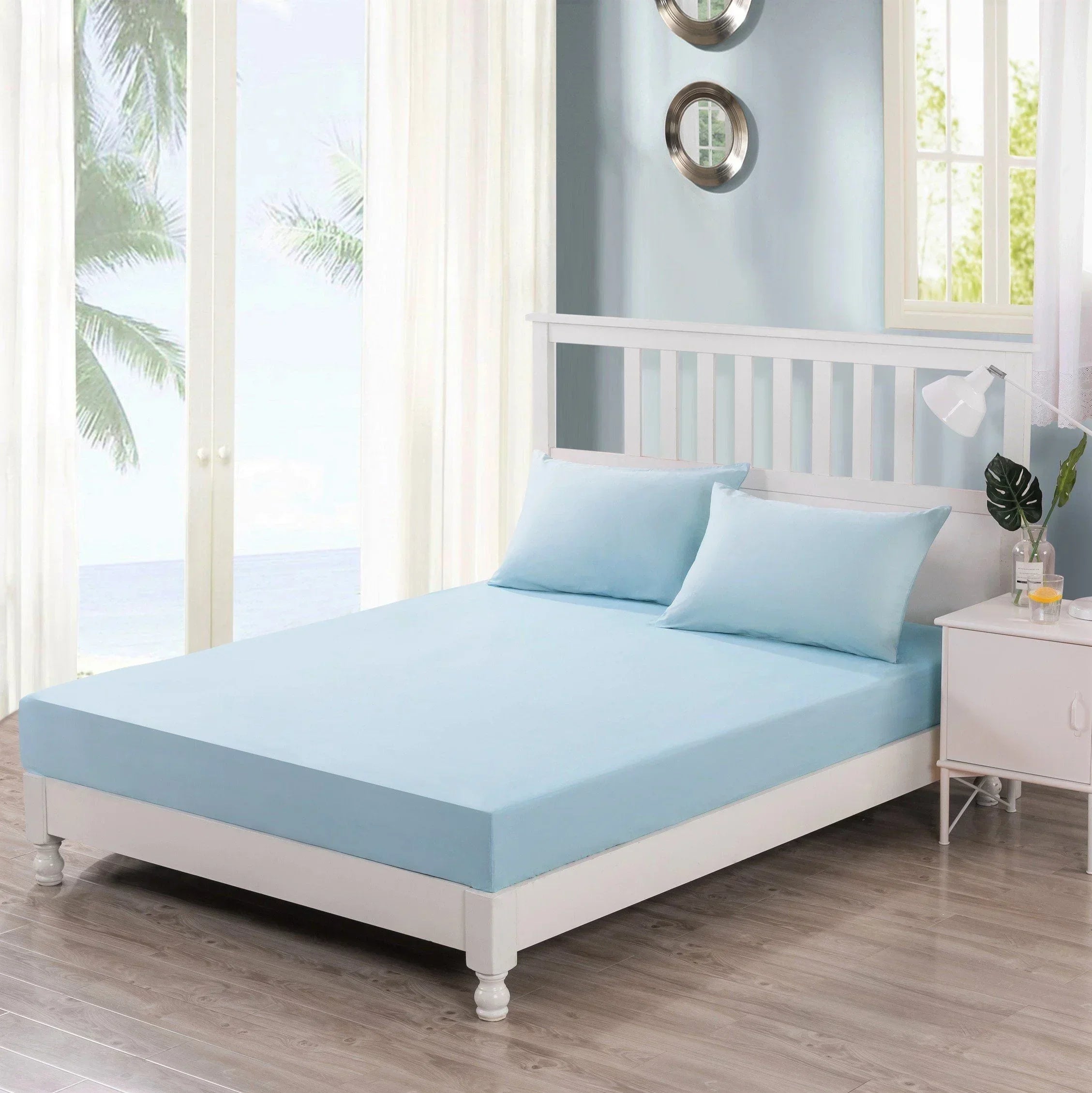 DaDa Bedding Soothing SeaFoam Sky Blue Cotton Fitted Bed Sheet w/Pillow Cases (JHW604) DaDalogy Bedding Collection