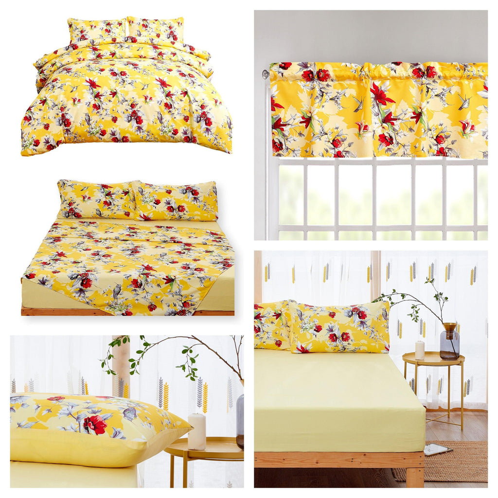DaDa Bedding Sunshine Yellow Hummingbirds Floral Duvet Cover & Fitted Flat Bed Sheets Set w/ Pillow Cases Window Valances (925) DaDalogy Bedding Collection