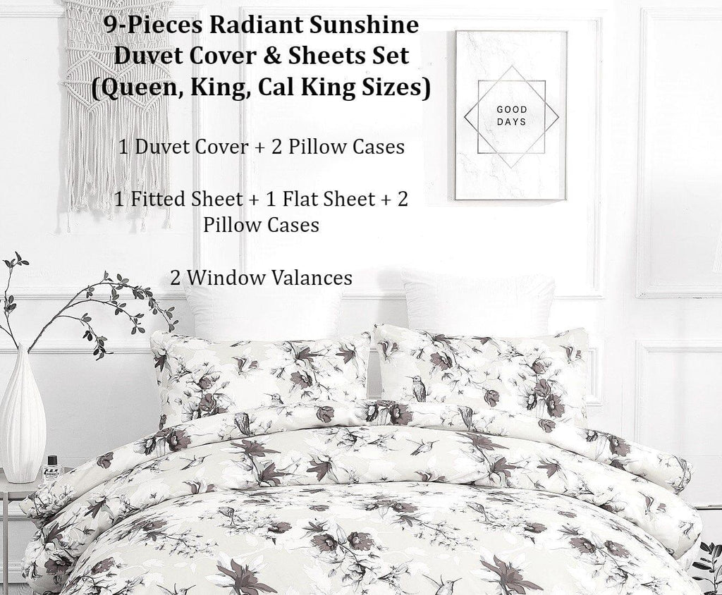 DaDa Bedding Sunshine Yellow Hummingbirds Floral Duvet Cover & Fitted Flat Bed Sheets Set w/ Pillow Cases Window Valances (925) DaDalogy Bedding Collection