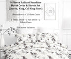 DaDa Bedding Sunshine Yellow Hummingbirds Floral Duvet Cover & Fitted Flat Bed Sheets Set w/ Pillow Cases Window Valances (925) DaDalogy Bedding Collection