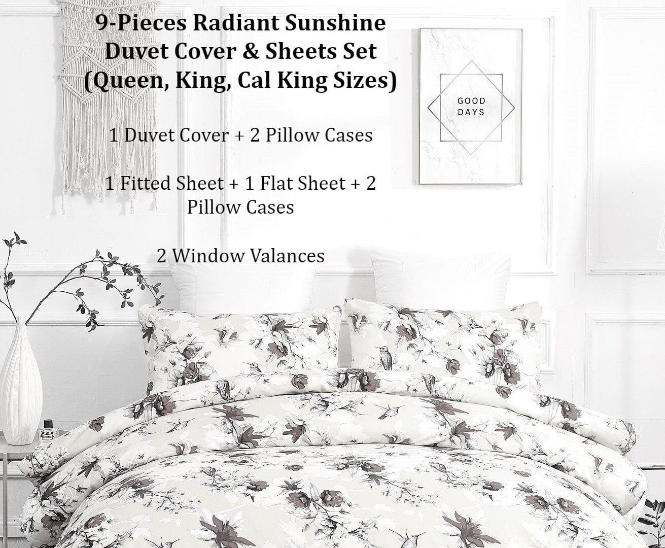 DaDa Bedding Sunshine Yellow Hummingbirds Floral Duvet Cover & Fitted Flat Bed Sheets Set w/ Pillow Cases Window Valances (925) DaDalogy Bedding Collection