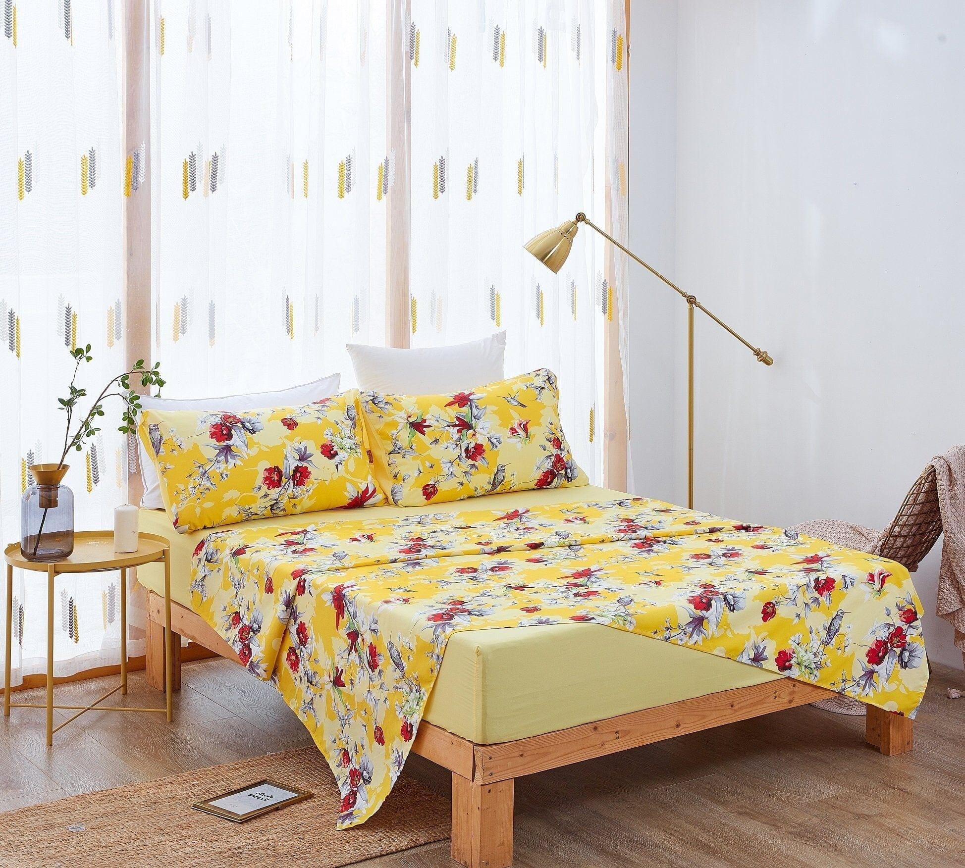 DaDa Bedding Sunshine Yellow Hummingbirds Floral Duvet Cover & Fitted Flat Bed Sheets Set w/ Pillow Cases Window Valances (925) DaDalogy Bedding Collection