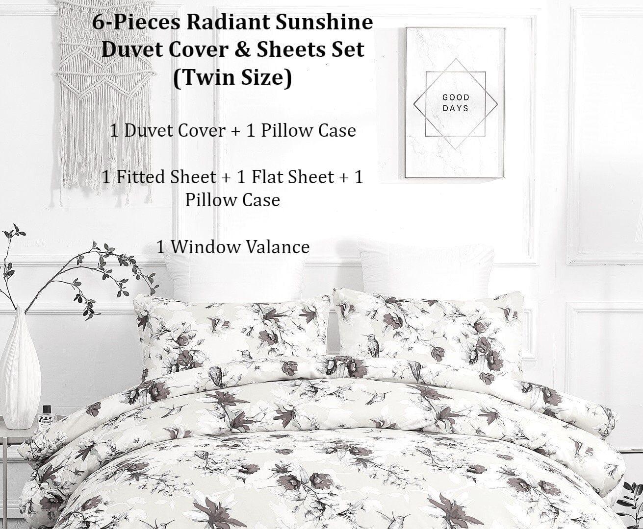 DaDa Bedding Sunshine Yellow Hummingbirds Floral Duvet Cover & Fitted Flat Bed Sheets Set w/ Pillow Cases Window Valances (925) DaDalogy Bedding Collection