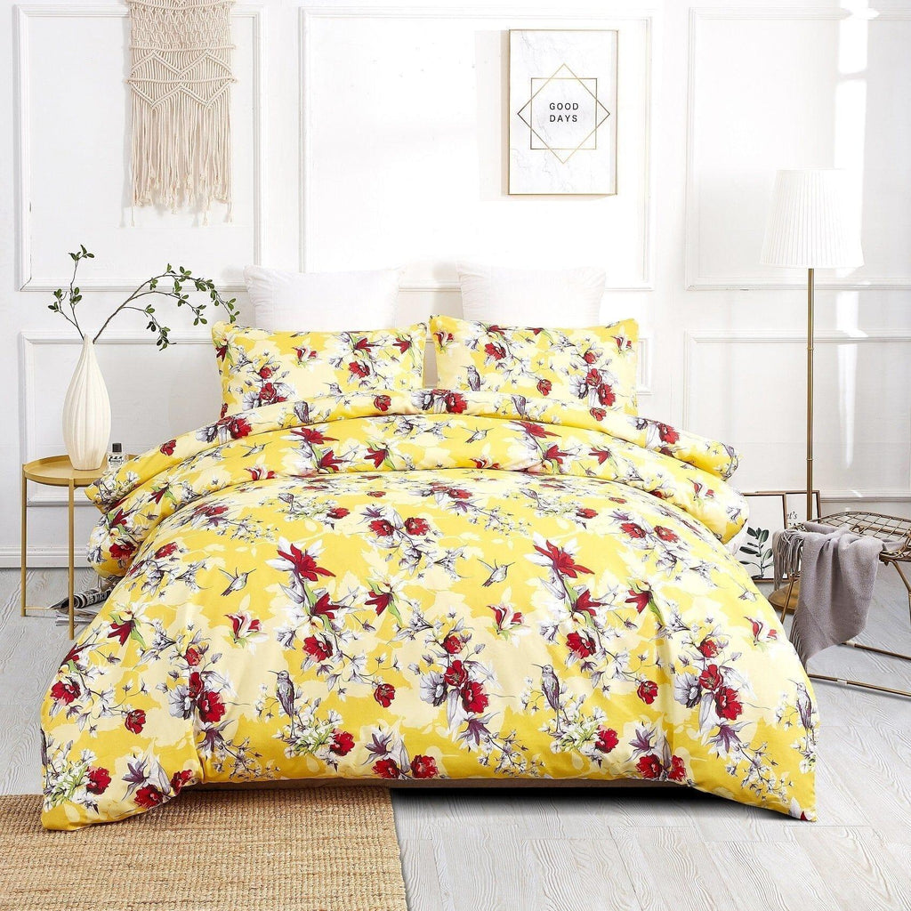 DaDa Bedding Sunshine Yellow Hummingbirds Floral Duvet Cover Set w/ Pillow Cases (JHW-925) DaDalogy Bedding Collection