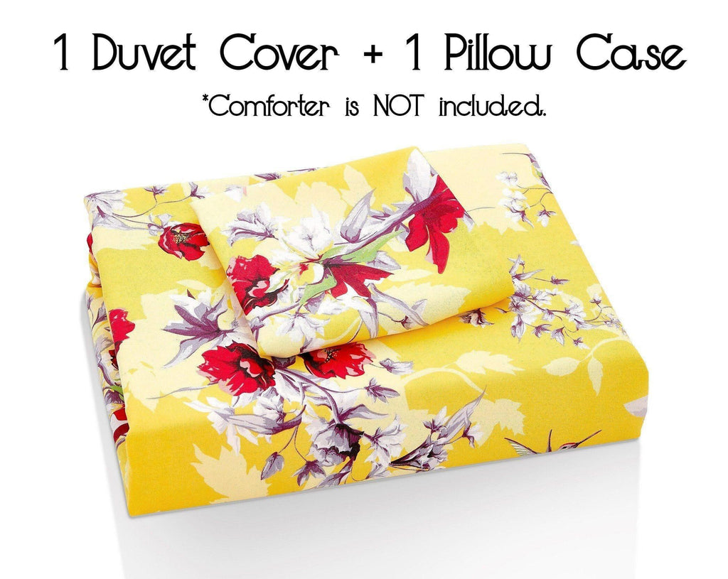 DaDa Bedding Sunshine Yellow Hummingbirds Floral Duvet Cover Set w/ Pillow Cases (JHW-925) DaDalogy Bedding Collection