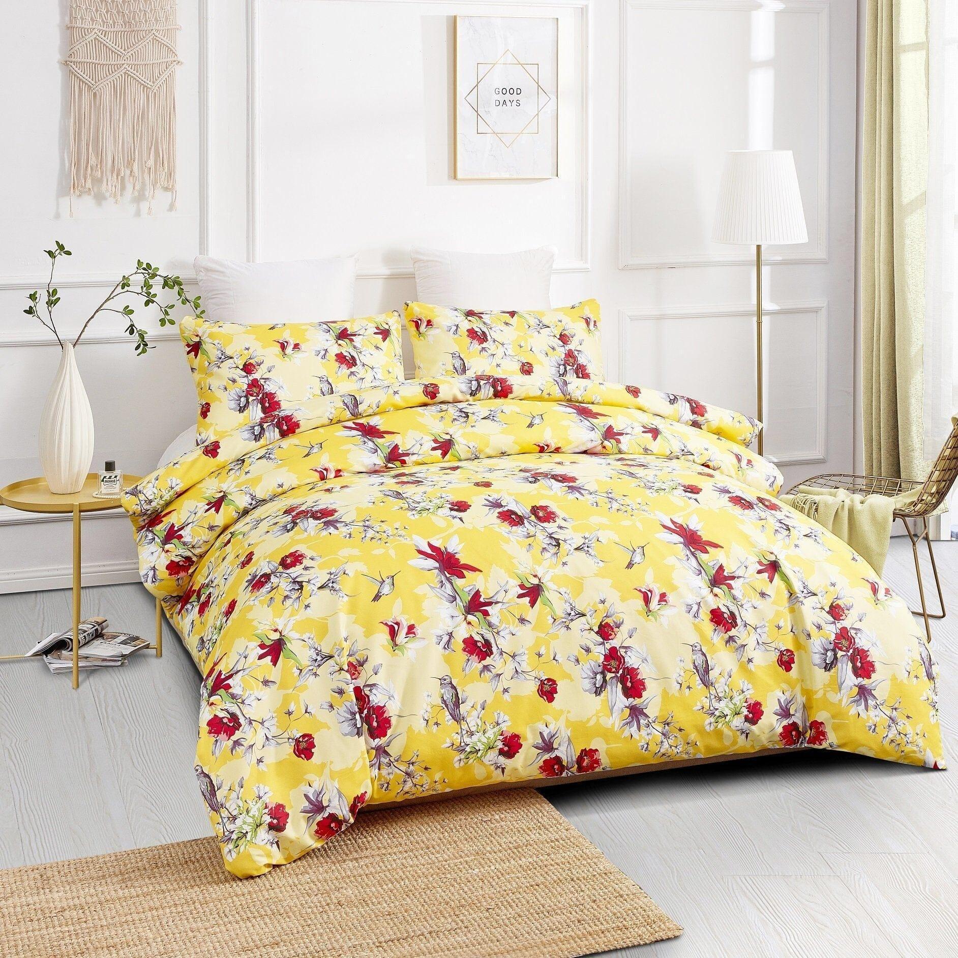 DaDa Bedding Sunshine Yellow Hummingbirds Floral Duvet Cover Set w/ Pillow Cases (JHW-925) DaDalogy Bedding Collection