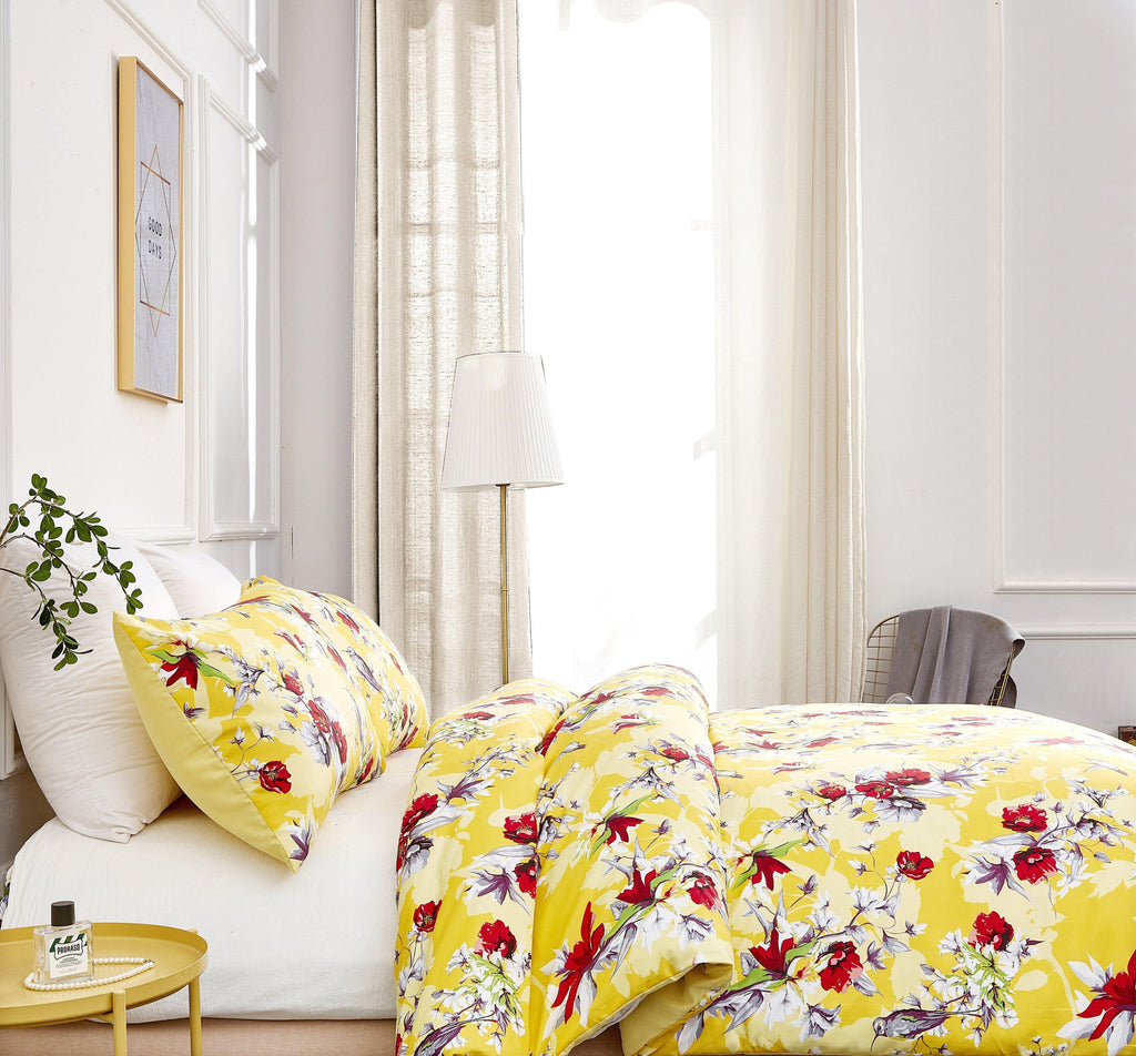 DaDa Bedding Sunshine Yellow Hummingbirds Floral Duvet Cover Set w/ Pillow Cases (JHW-925) DaDalogy Bedding Collection