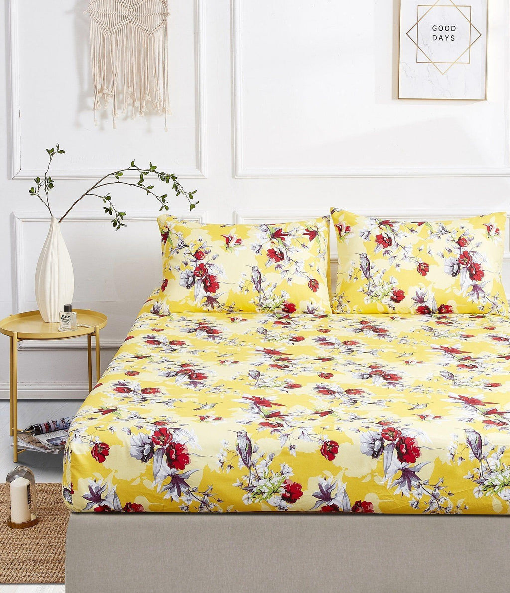 DaDa Bedding Sunshine Yellow Hummingbirds Floral Fitted Bed Sheet w/ Pillow Cases (JHW-925) DaDalogy Bedding Collection