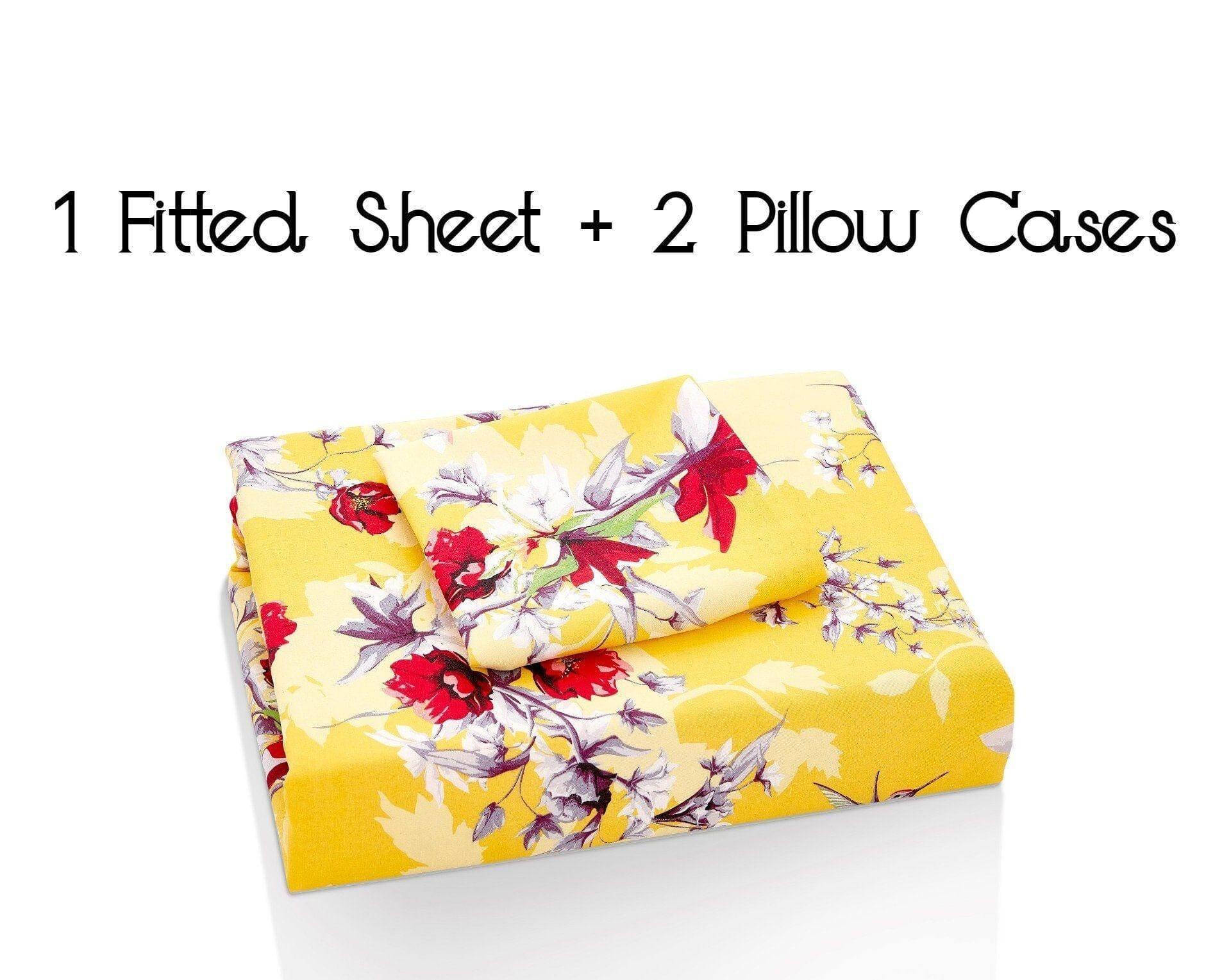 DaDa Bedding Sunshine Yellow Hummingbirds Floral Fitted Bed Sheet w/ Pillow Cases (JHW-925) DaDalogy Bedding Collection