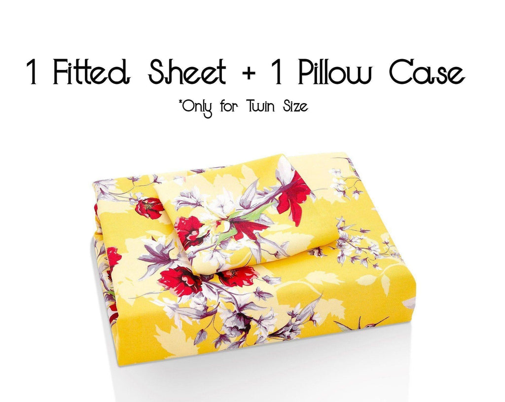 DaDa Bedding Sunshine Yellow Hummingbirds Floral Fitted Bed Sheet w/ Pillow Cases (JHW-925) DaDalogy Bedding Collection