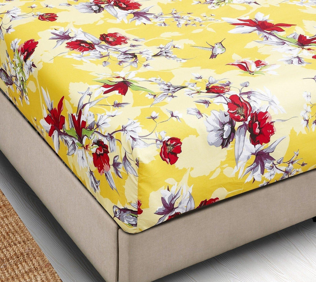 DaDa Bedding Sunshine Yellow Hummingbirds Floral Fitted Bed Sheet w/ Pillow Cases (JHW-925) DaDalogy Bedding Collection