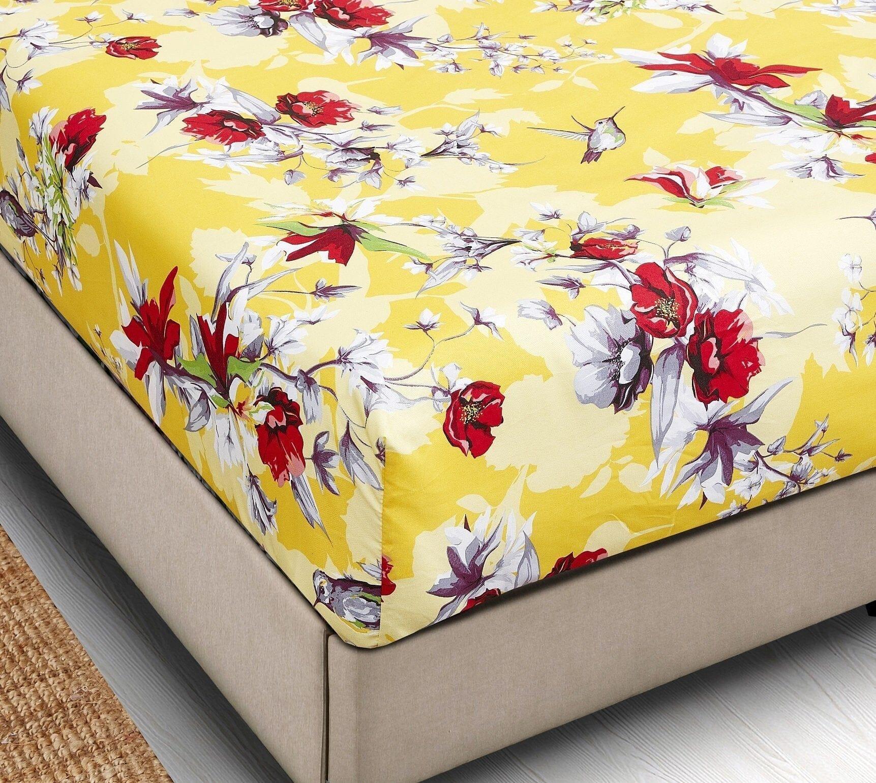 DaDa Bedding Sunshine Yellow Hummingbirds Floral Fitted Bed Sheet w/ Pillow Cases (JHW-925) DaDalogy Bedding Collection