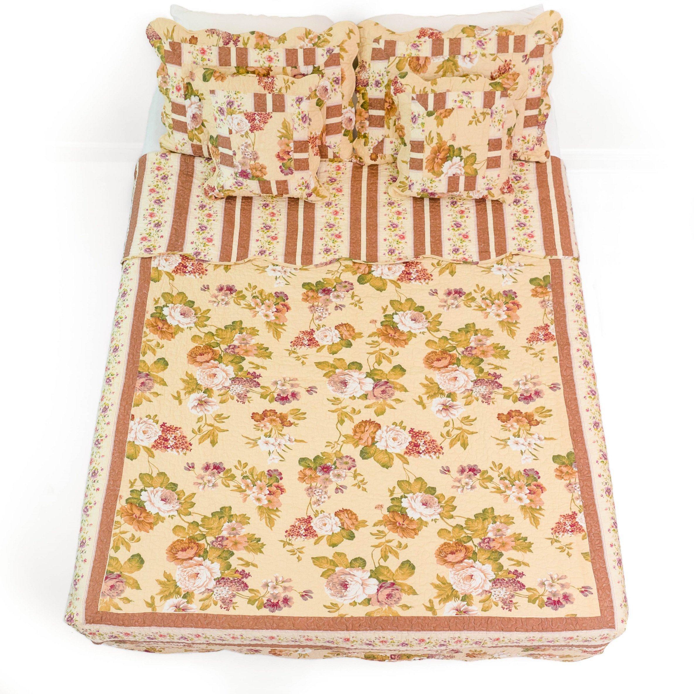 DaDa Bedding Vintage Cottage Rose Garden Floral Ivory Yellow Cotton Scalloped Quilted Bedspread Set (DXJ103478) DaDalogy Bedding Collection