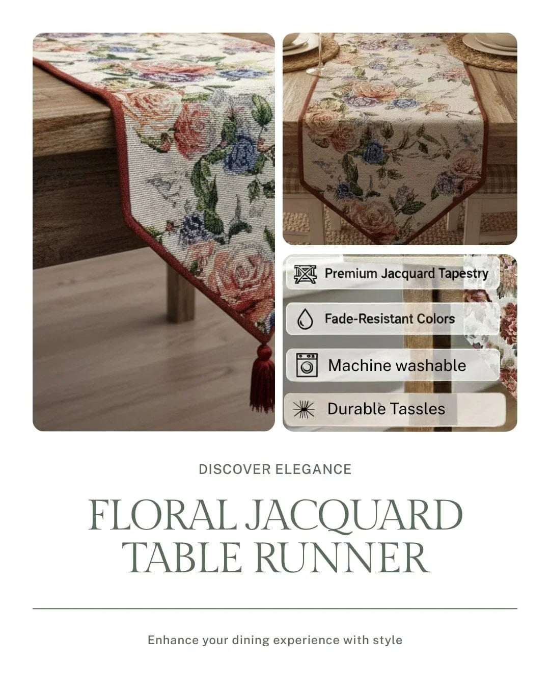 DaDa Bedding Vintage Romantic Roses Lovely Pink Floral Woven Tapestry Dining Table Runner (879) DaDalogy Bedding Collection