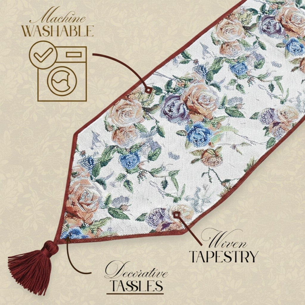 DaDa Bedding Vintage Romantic Roses Lovely Pink Floral Woven Tapestry Dining Table Runner (879) DaDalogy Bedding Collection