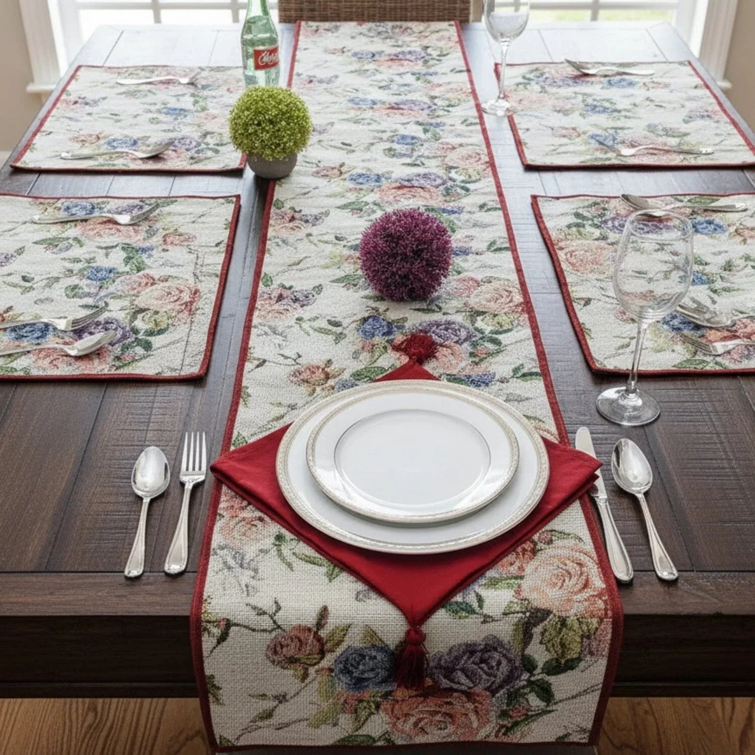 DaDa Bedding Vintage Romantic Roses Lovely Pink Floral Woven Tapestry Dining Table Runner (879) DaDalogy Bedding Collection